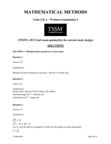 Vce Methods Tssm Unit Exam Solutions Mathematical