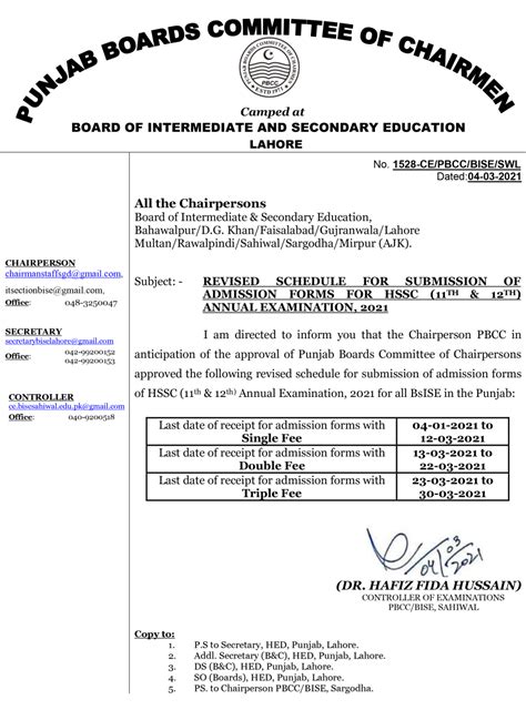 New Schedule Of HSSC Admission Forms Submission News Press Online