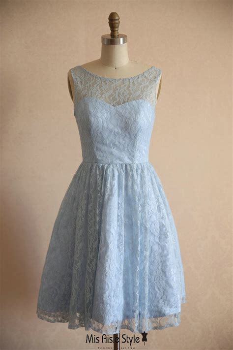 Knee Length Vintage Light Blue Lace Bridesmaid Dress Misaislestyle