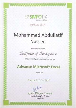 Advance Excel Training Certificate Pdf