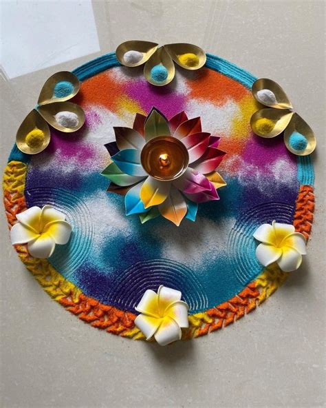 Beautiful colour combination ideas rangoli | Free hand rangoli design ...