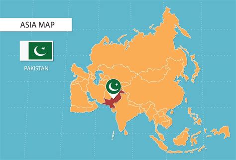 Pakistan map in Asia, icons showing Pakistan location and flags ...