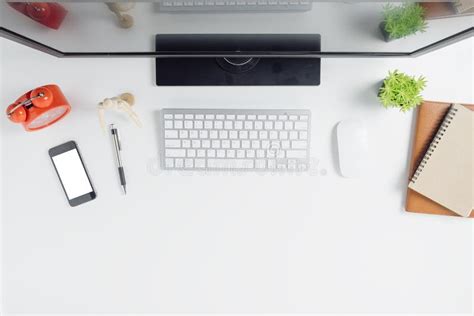 Modern White Office Desk Table with Computer Stock Image - Image of ...