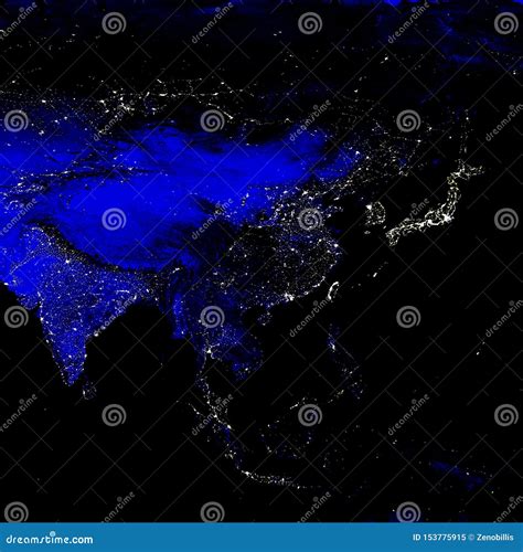 Asia Continent Electric Lights Map At Night Electric Illumination Of