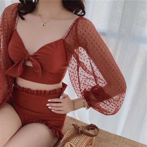 Split Women S Sexy Lace Long Sleeved Bikini High Waist Cover Belly Open Back Holiday Swimsuit