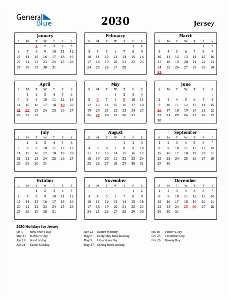 Free Printable 2030 Jersey Holiday Calendar