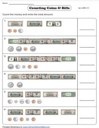 Counting Bills and Coins Worksheets | Counting U.S. Money - Worksheets Library