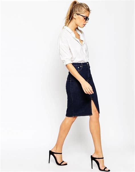 Asos Denim Split Front Midi Pencil Skirt In Indigo At Midi