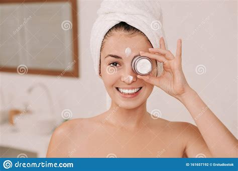 Woman Holding Jar Of Face Cream Stock Photo Image Of Attractive