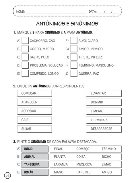 1º e 2º ano - Atividades de língua portuguesa - Antônimo e sinônimo ...