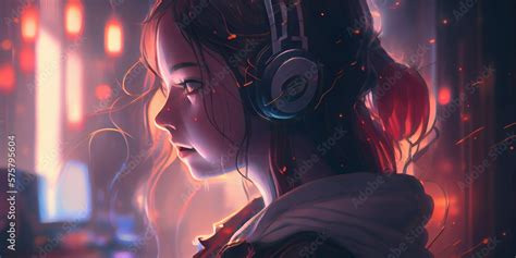 Beautiful Anime Girl Listening To Lofi Hip Hop Music With Headphones Generative Ai Stock