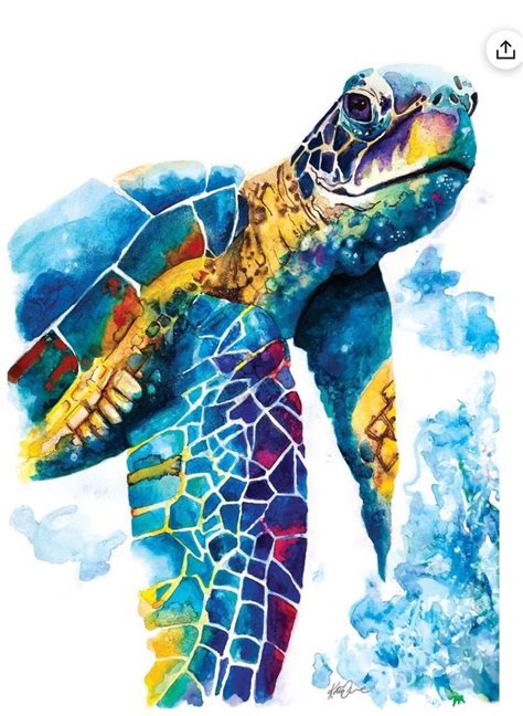 A Painting Of A Sea Turtle With Blue Watercolors On It S Back