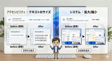 Windows11 画面上のテキストサイズを拡大して文字を読みやすくする パソガジェなび