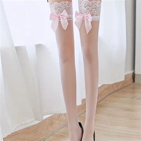 Lace Trim Thigh High Stockings Bow Decor Mesh Knee Socks Temu Australia