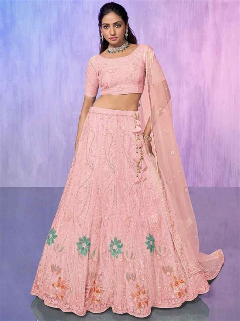 Peach Net Embroidered Bridal Reception Heavy Border Lehenga Choli