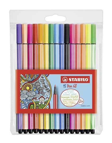 Premium Felt Tip Pen STABILO Pen 68 Wallet Of 15 Assorted Colours