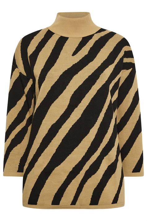 YOURS Plus Size Beige Brown Zebra Print Turtle Neck Jumper Yours Clothing