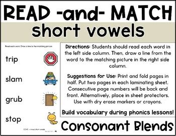 Read And Match Phonics Consonant Blends With Short Vowel Worksheets