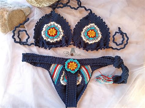 Granny Square Crochet Bikini Set Handmade Crochet Thong Bikini Unique Festival Swimwear