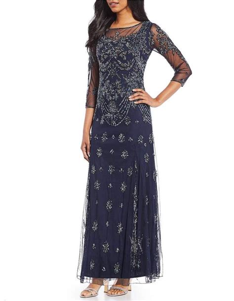 Pisarro Nights Beaded Illusion Neckline 3 4 Sleeve Gown Gowns With