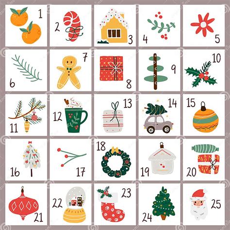 Christmas Advent Calendar With Cute Winter Elements Stock Vector