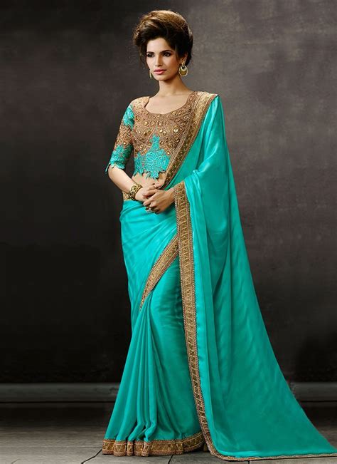 Turquoise Blue Satin Georgette Saree Party Wear Sarees Saree