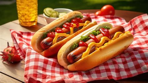 Free Photo | The image showcases grilled hot dogs served with mustard ketchup and relish on a ...