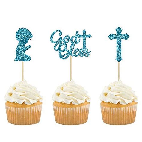 Gyufise Pcs Blue Glitter God Bless And Cross Cupcake Topper Boy