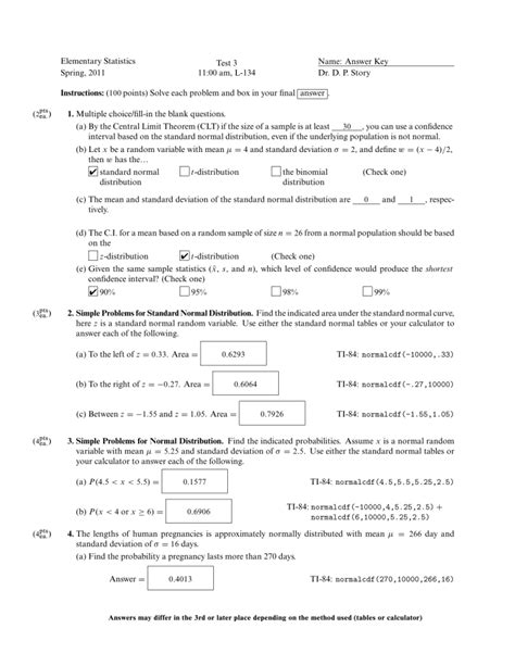 Elementary Statistics Test Normal Distribution Confidence Intervals