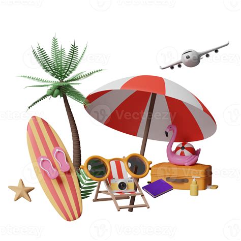 Summer Travel With Suitcase Beach Chair Sunglasses Camera Surfboard Umbrella Inflatable