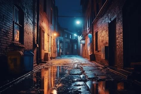 Premium AI Image | Back street alley with old city houses in rain at ...