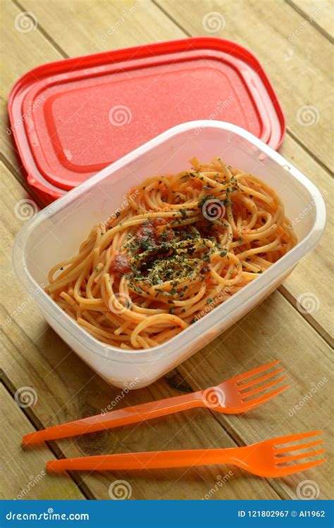 Portion Of Spaghetti In Plastic Container Stock Image Image Of