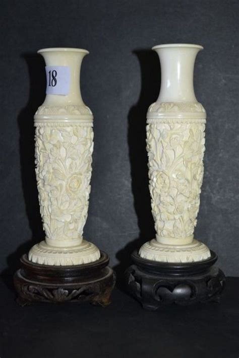 Chinese Carved Ivory Vases Pair Ivory Oriental