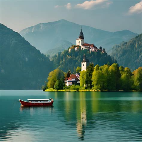 Um Barco Est Na Gua Na Frente De Uma Montanha Uma Igreja No Topo