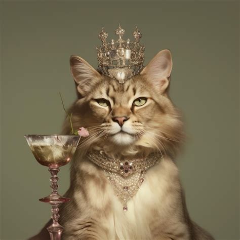 Premium Ai Image Araffe Cat Wearing A Tiara And A Glass Of Wine