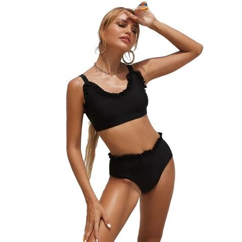Ensemble 2 Pièces Bikini Femme Noir avec Laçage et Volants Marque Inconnue Noir Cdiscount