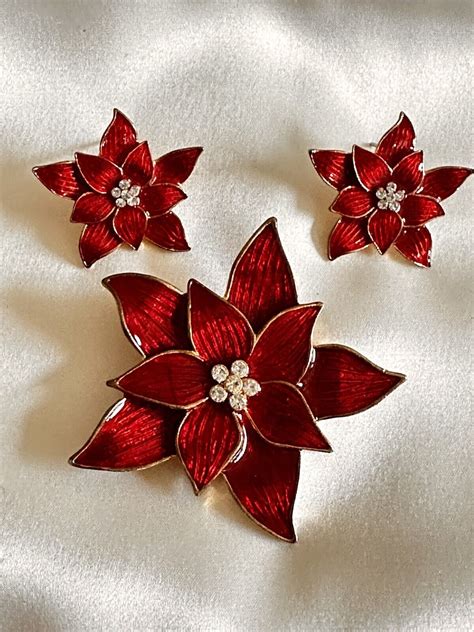 Vintage Eisenberg Ice Enamel Poinsettia Red Flower Vi Gem