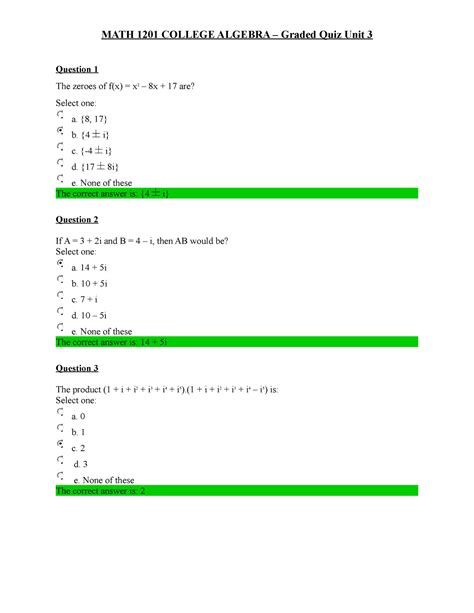 College Algebra Unit 3 Graded Quiz Math 1201 College Algebra