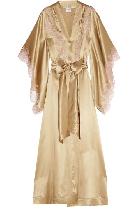 Carine Gilson Lace Trimmed Silk Satin Mousseliné Robe In Gold Metallic