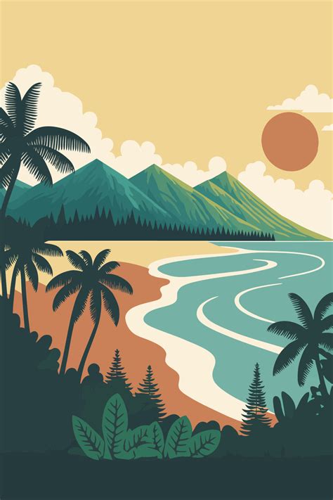 Hawai Seascape With Mountains And Sea Vector Illustration In Flat