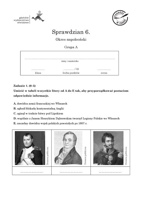 Historia Klasa VI A 4 Sprawdzian 6 Okres napoleoński Studocu