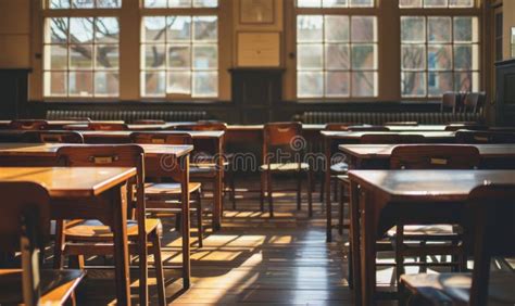 Interior Of An Old School Classroom With Wooden Tables And Chairs Stock Illustration