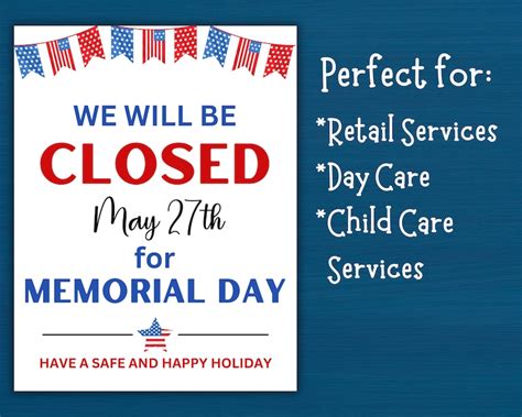 Printable Closed For Memorial Day Sign Instant Download Memorial Day