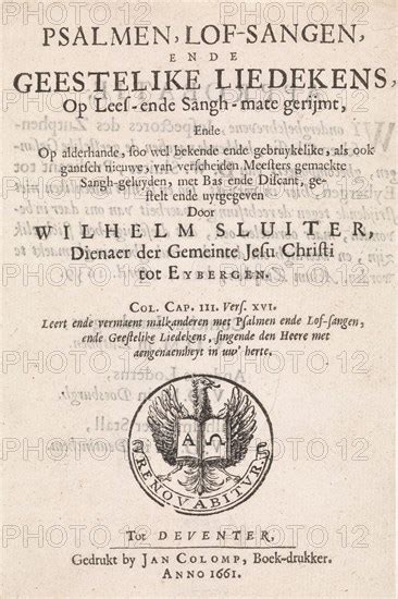 Title Page For Willem Sluiter Psalms Psalmen Lof Sangen Ende