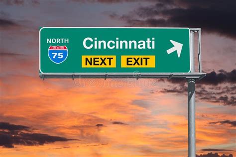 Cincinnati Route 75 Freeway Next Exit Sign With Sunset Sky Stock Image