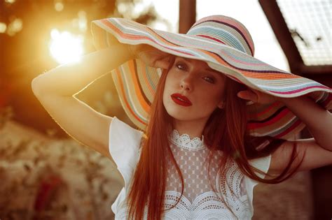 Wallpaper Hat Sunlight Portrait Face Redhead Women Outdoors Red