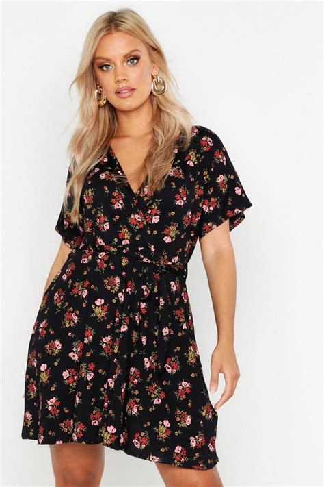 Plus Floral Tie Waist Wrap Tea Dress Boohoo