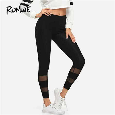 Romwe Black Contrast Mesh Skinny Bottoms Leggings Autumn Women Casual