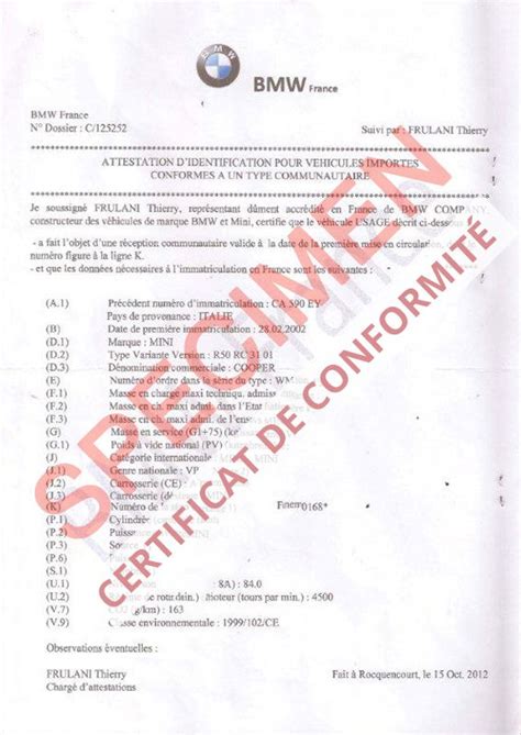 Certificat de conformité Auto Guide des formalités d immatriculation