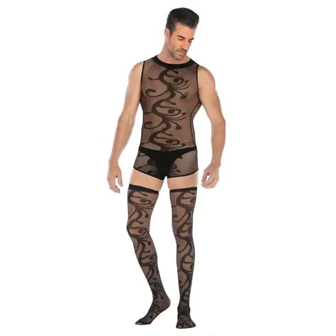 Men See Through Sexy Underwear Hot Transparent Fishnet Lingerie Bodysuits Stockings For Men